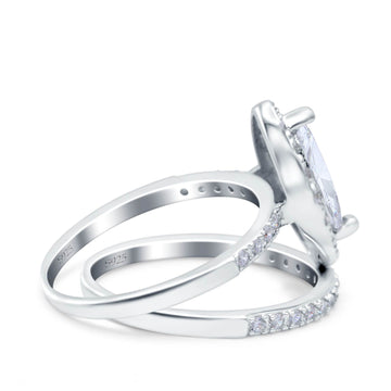 Two Piece Halo Marquise Art Deco Wedding Bridal Ring Simulated Cubic Zirconia 925 Sterling Silver